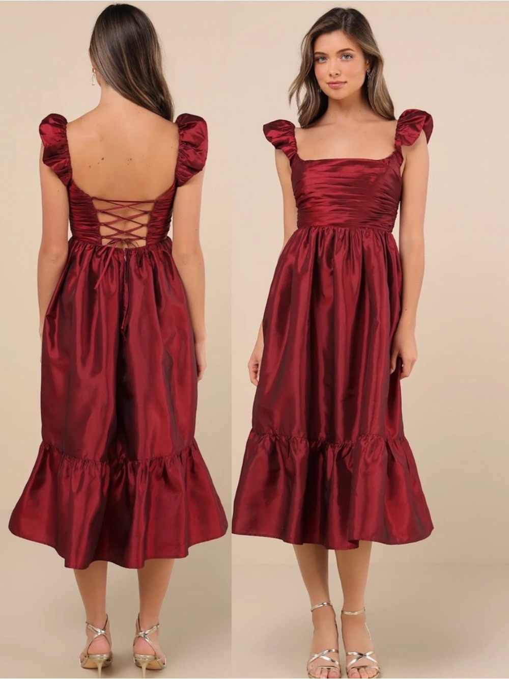 NWT Lulu’s Poised Passion Wine Red Taffeta Pleated Ruffled Midi Dress Medium